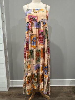 PAPER HEART Linen Blend Flower Stamp Floral Maxi Dress - Size Medium